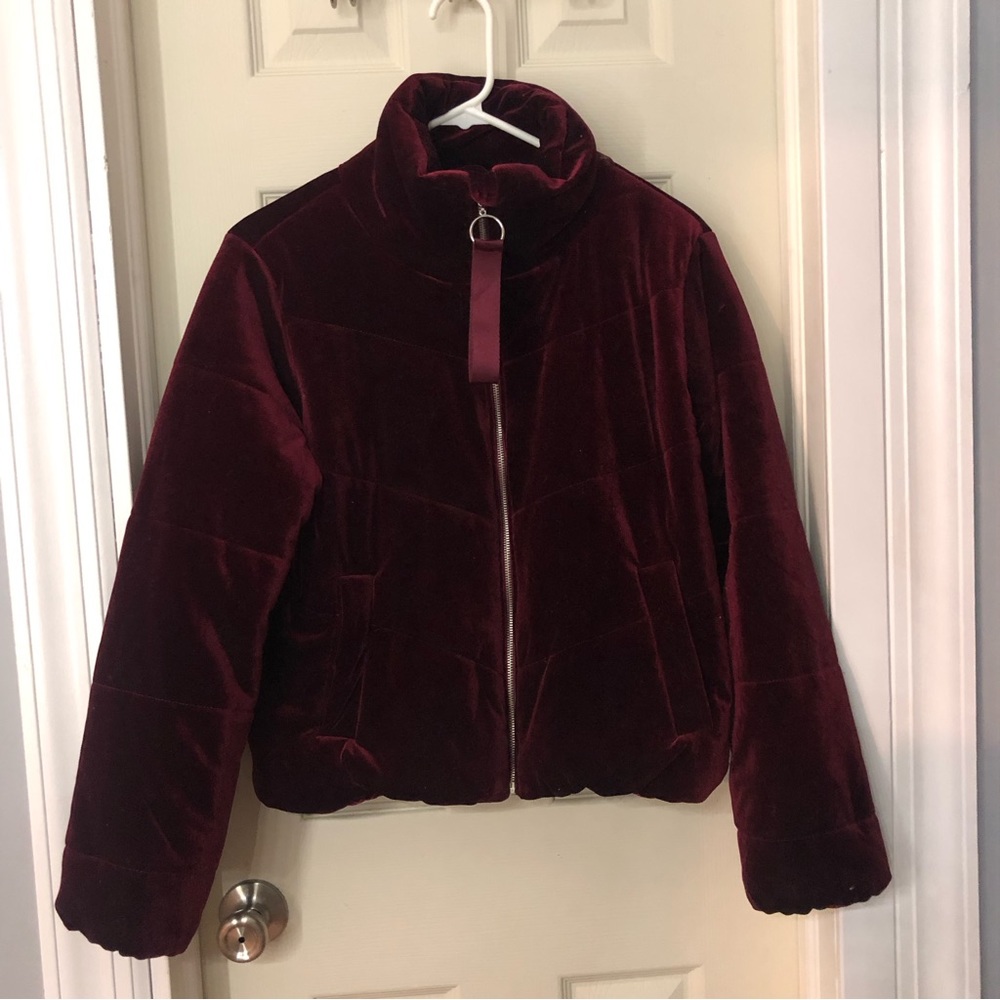 Burgundy velvet puffer jacket